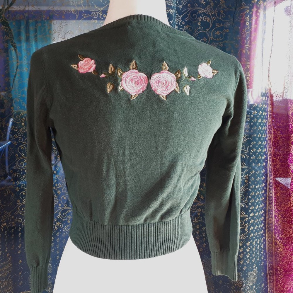 Collectif Embroidered Green Short Cardigan Cottagecore Retro Pinup